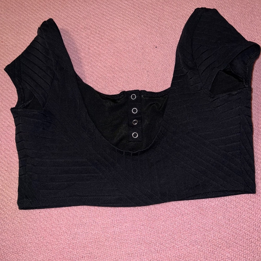 Aerie Black Ribbed Cap Sleeve Henley Bikini Top Large L - Picture 5 of 6